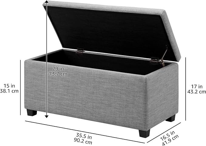 Amazon Basics Upholstered Rectangular Storage Ottoman Bench for Entryway, Living Room, Bedroom, Light Gray, 35.5"W x 16.5"D x 17"H, No Assembly Required