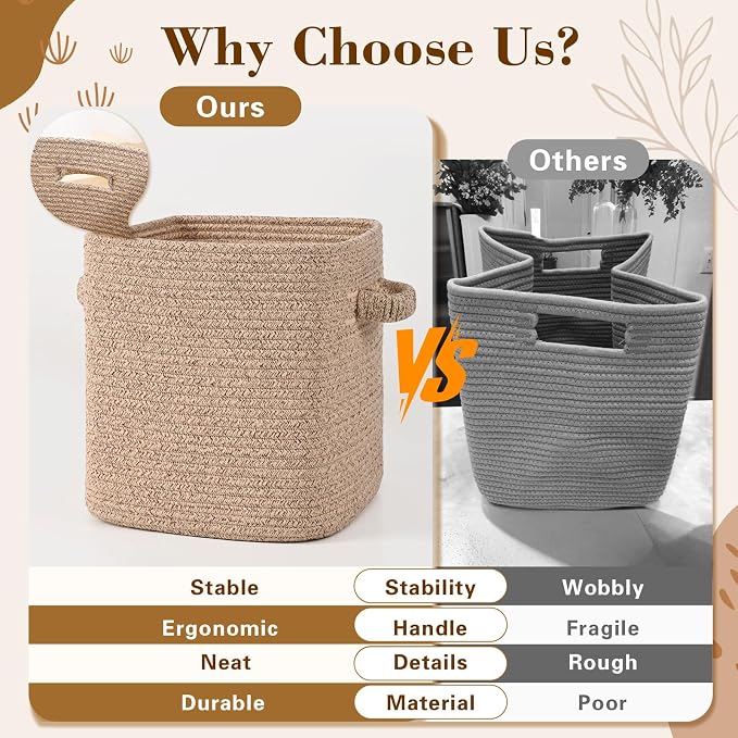 11 Inch Storage Cubes, 3 Pack Cube Storage Bins for Organizing, Cotton Rope Woven Baskets for Shelves, Bathroom, Kids Room, Closets, Baby Nursery