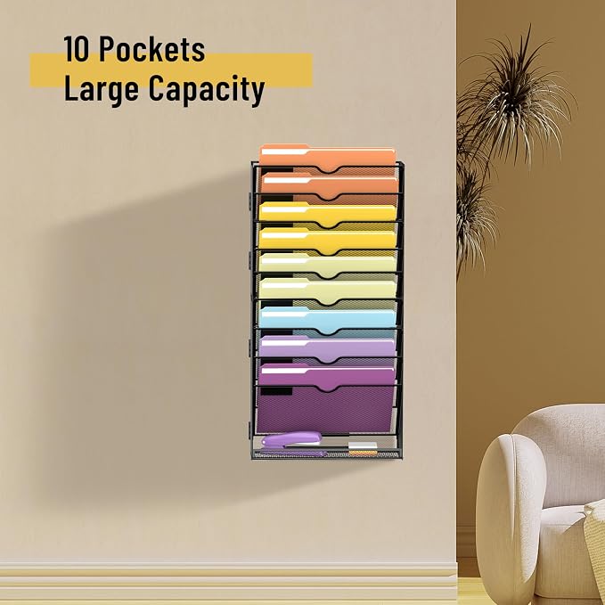 SUPEASY 10Tier Hanging Wall File Holder Organizer for Papers, Folders, Files Clipboard & Magazine Organization Great for Office Home, Assembly Needed, Black | Paper, Folder, Magazine Rack Great for Office Home School, Assembly Needed, Black