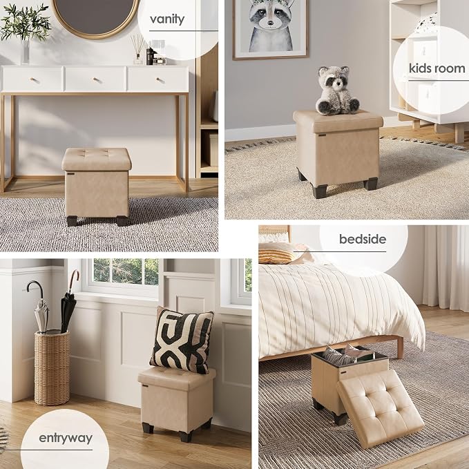Storage Ottoman Cube with Small Bin, 15-in Square Ottoman with Storage for Living Room and Bedroom, Small Ottomans Foot Rest, Leather Foot Stools Ottomans Max 330lbs, Taupe