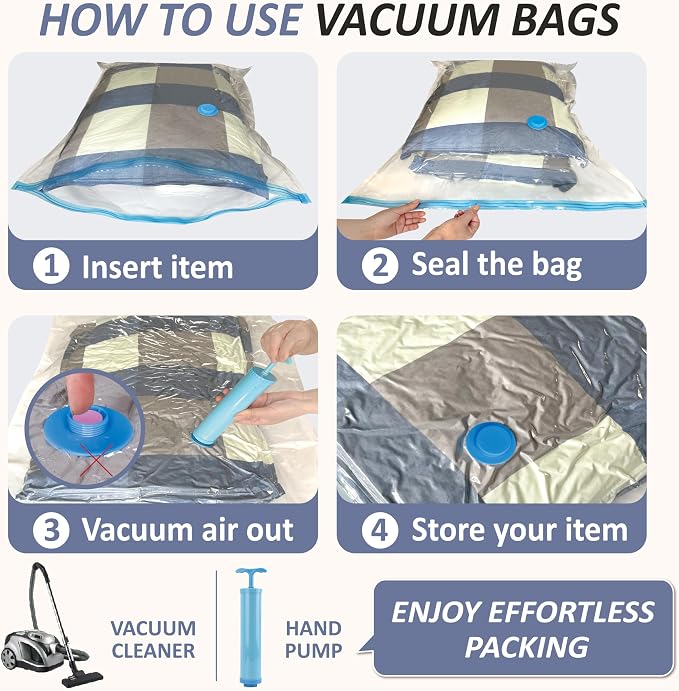 Cozy Essential Vacuum Storage Bags, 80% Compression Vacuum Seal Space Saver Plastic Packaging Bags for Clothes, Blankets, Pillow, Bedding, Comforters, Sealer Clothing Storage,4 XXL Jumbo
