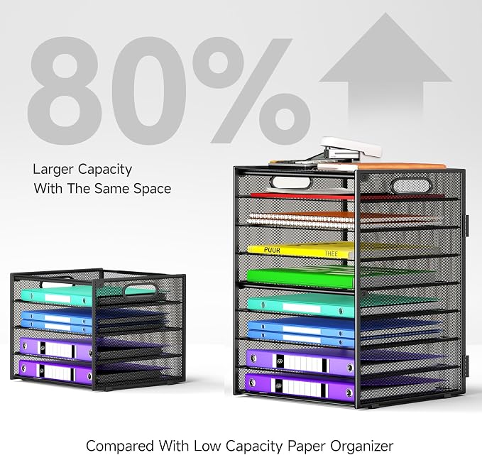 Cawukege 9 Tier Paper Organizer with Handle, Black Large Capacity Desk Organizer Mesh File Folder Letter Paper Tray Desktop Document Sorter for Classroom, School, and Office Accessories Organization