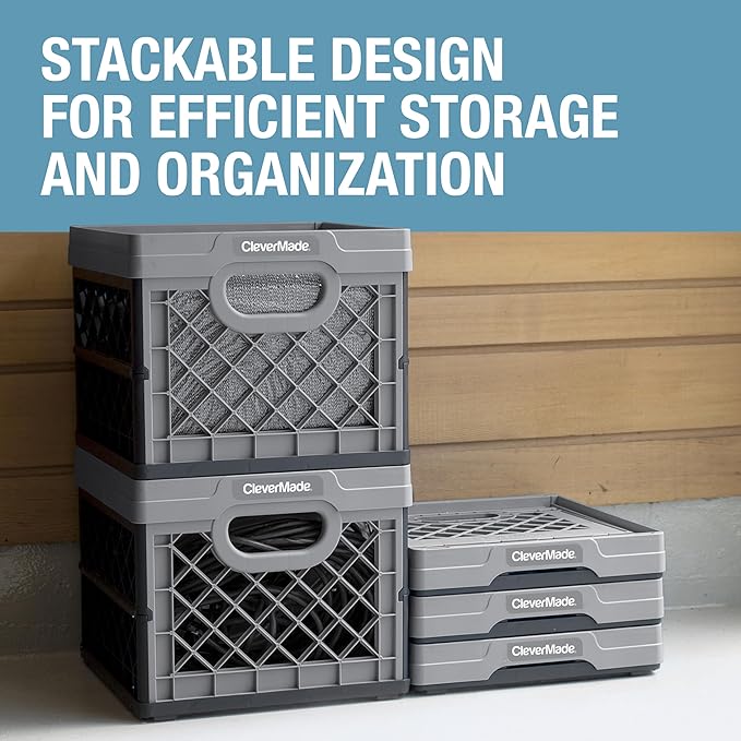 CleverMade Collapsible Milk Crate, 25L, 3 Pack, Stone | Built-in rails hold letter-size hanging files. Interlocking crates stack open or folded and carry up to 50 lb each.