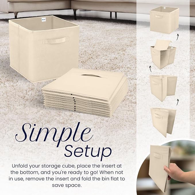 Reli. 11 Inch Cube Storage Bins (4 Pack) | Cube Organizer Bins | Collapsible, Foldable Fabric Cubby Box (Square) | 11x11 Fabric Storage Boxes | Kids Room Organization (Beige)