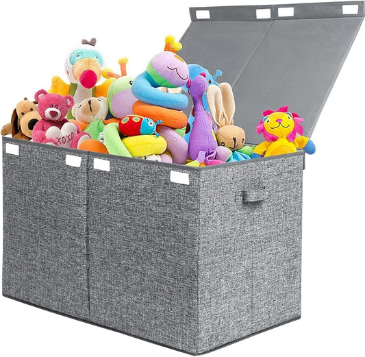 122L Large Toy Box Chest Storage with Lid, Collapsible Kid Toy Storage | Toy Chest with with Removable Divider for Kids, Boys, Girls, Nursery, Living Room, Bedroom, 26"x17" x17" (Linen Gray)