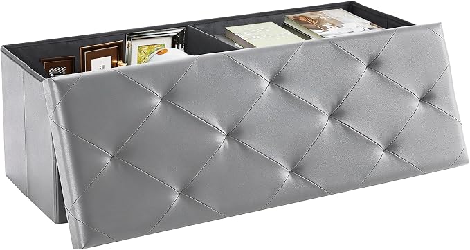 DUMOS 43 Inch Folding Storage Ottoman Bench, Large Ottoman with Storage | Storage Chest with Padded Seat, End of Bed Foot Rest Stool for Bedroom Living Room, Load 660 lbs, Synthetic Leather, Grey