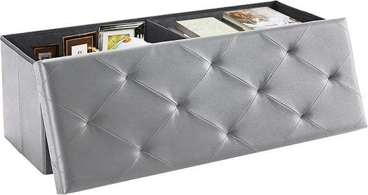 DUMOS 43 Inch Folding Storage Ottoman Bench, Large Ottoman with Storage | Storage Chest with Padded Seat, End of Bed Foot Rest Stool for Bedroom Living Room, Load 660 lbs, Synthetic Leather, Grey