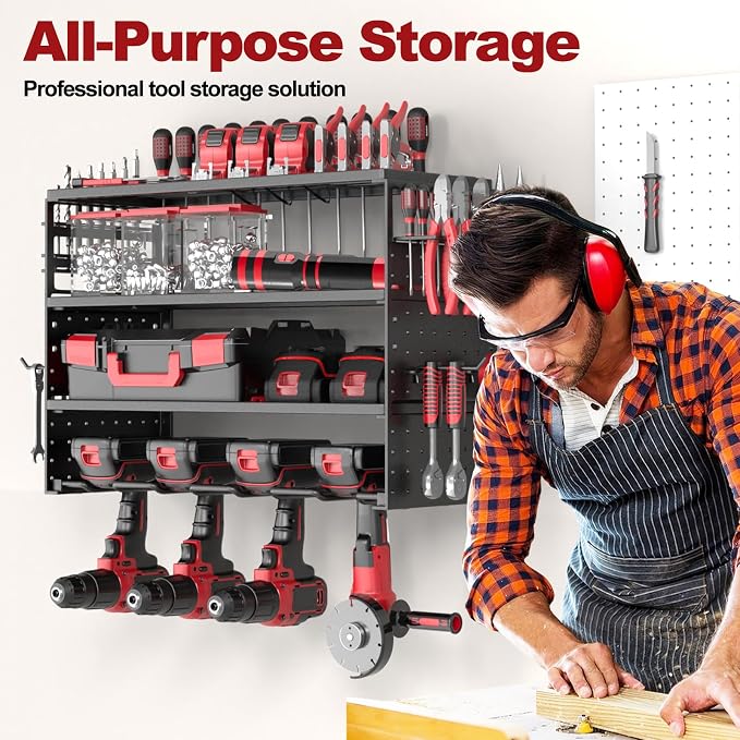 16" Metal Power Tool Organizer Wall Mount,4 Tier,Black | Heavy-Duty Metal,200 LBS Capacity,4 Cordless Drill Holders,Adjustable Hooks,Tool Shelf for Garage Workshop Shed,Pegboard