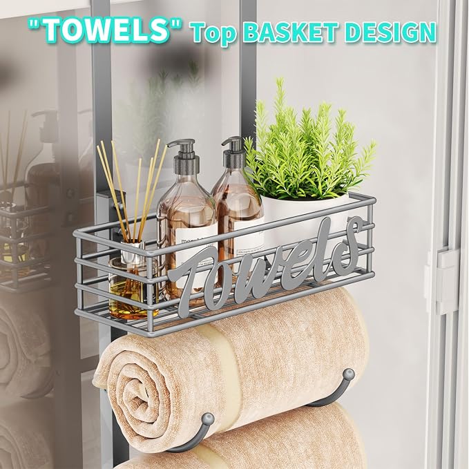 HapiRm Towel Racks for Bathroom Storage - 9 Tier Over The Door & Wall Mount Rolled Towel Storage Organizer Holder with Metal Shelf Basket for Small Bathroom, Camper, Rv - Sliver, Patented