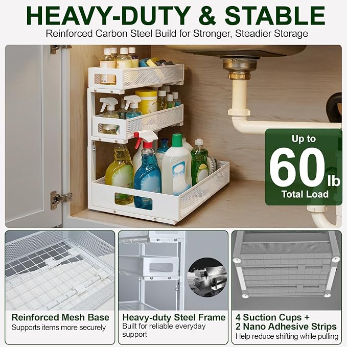 3 Tier Under Sink Organizer,2 Pack Pull Out Cabinet Shelves with Adjustable Height,Heavy Duty Carbon Steel L-Shaped Storage for Kitchen Bathroom Sink,Pantry & Laundry,White