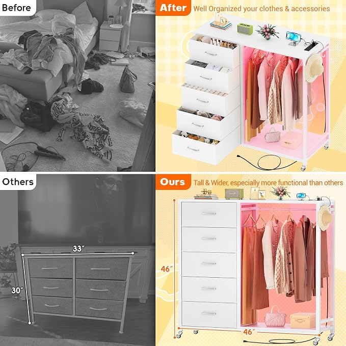 Cyclysio Storage Clothes Rack with 5 Drawers, Garment Rack with Charging Station & LED Lights, Fabric Chest Shelves Clothing Rack, Wooden Portable Wardrobe Closet