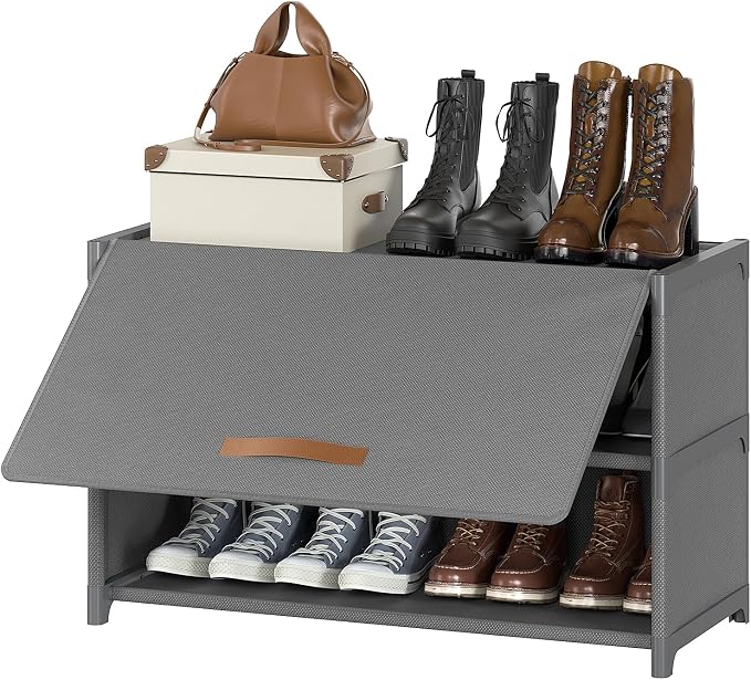 3 Tier Shoe Cabinet with Door, 12-Pair Storage, Grey | Compact for small closets. Holds heels, sneakers, boots. Door for dust/pet protection. Quick easy setup.