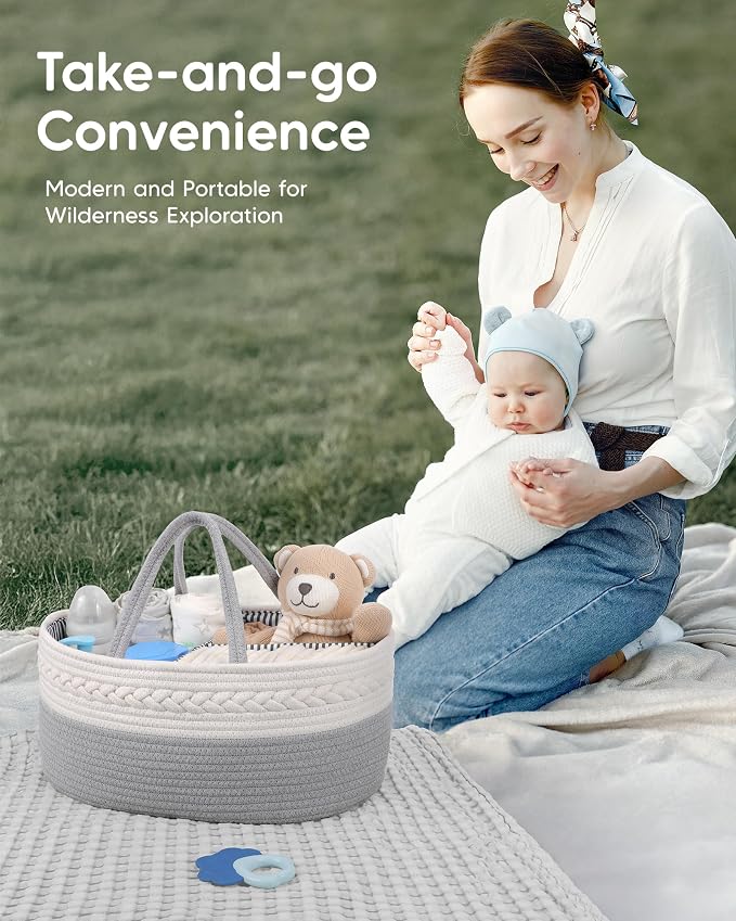 Maliton Diaper Caddy Organizer for Baby Boy- Cotton Rope for Changing Table, Nursery Storage, Newborn Baby Must Have Items