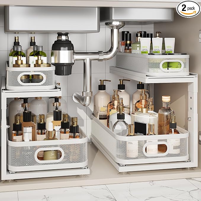 2 Pack 18.5IN-Depth Under Sink Organizer With Next-Gen Ball-Bearing Slides,2-Tier Precision Mesh Pull Out Cabinet Storage for Bathroom&Kitchen,Height Adjustable Drawers Shelf,Anti-rust-White
