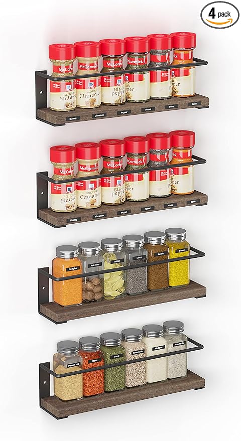 SpaceAid Spice Rack Organizer for Cabinet Door or Wall Mount (4 Pack) with 415 Spice Labels - Wood Hanging Seasoning Shelf for Cupboard Pantry or over the Stove