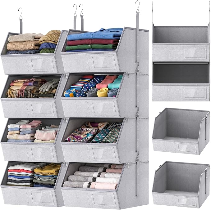 2 Pack 4-Tier Hanging Closet Organizer, Detachable Hanging Storage Shelves with Reinforced Side Panels, Hanging Closet Organizer for Clothes, Sweaters, Towels, Socks & Accessories, Gray