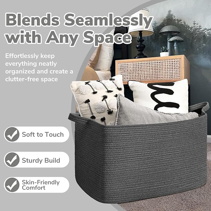 Goodpick Extra Large Woven Storage Basket, Cotton Rope, Dark Gray | 85L, 23.6 x 15.7 x 13.8 in, Living Room, Bedroom & Nursery Organization, Blankets, Clothes, Toys & Pillows Storage