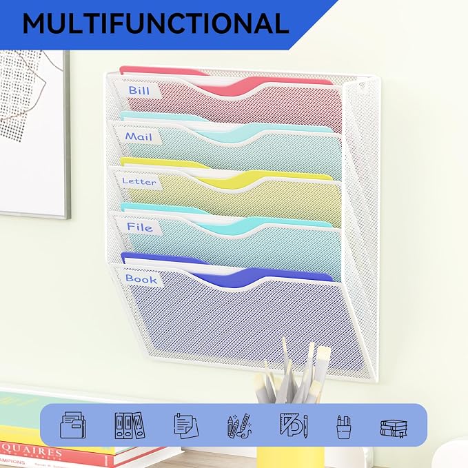 5 Pockets Hanging Wall File Organizer Mail Holder, Wall Mounted Paper Document Folder Holder, Clipboard Storage Organization Magazine Rack, White