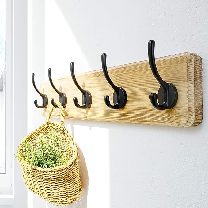 Coat Rack Wall: Patented, Heavy-Duty, 5-Double-Hooks Wooden Wall Mounted Coat Rack Coat Hanger Hook Rail for Winter Coats Hat Jacket Clothing, Light Brown, Pack of 2