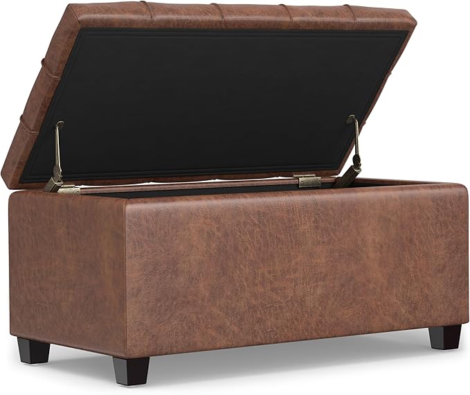 SIMPLIHOME Sienna 33" Wide Vegan Leather Storage Ottoman in Midnight Black | Distressed saddle brown, transitional ottoman with tufting and lift-up lid; rectangle storage bench for living room.