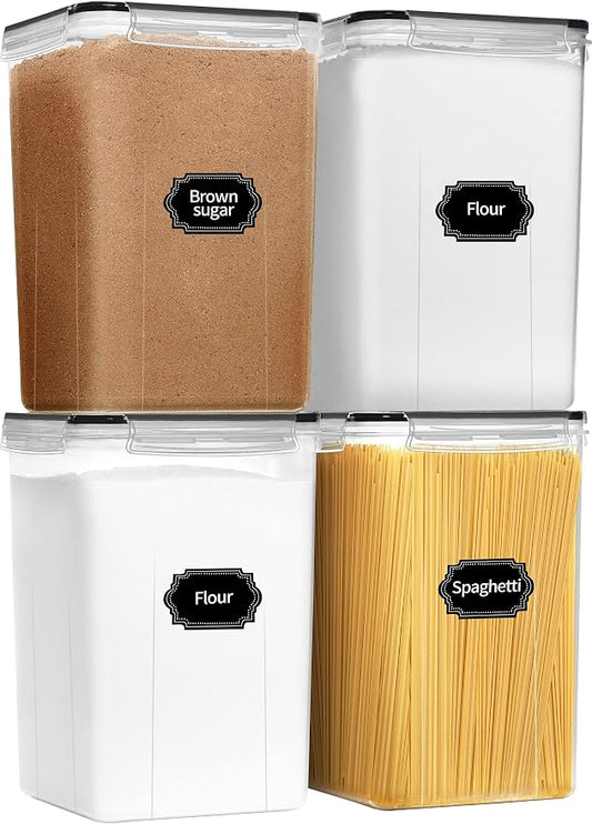 4pcs Large Tall Airtight Food Storage Containers with Lids - 6.5L / 5.9qt | BPA Free Pantry Organizers and Storage Containers for Bulk Flour and Sugar Storage, Food Grade Material, 20 Labels & Marker
