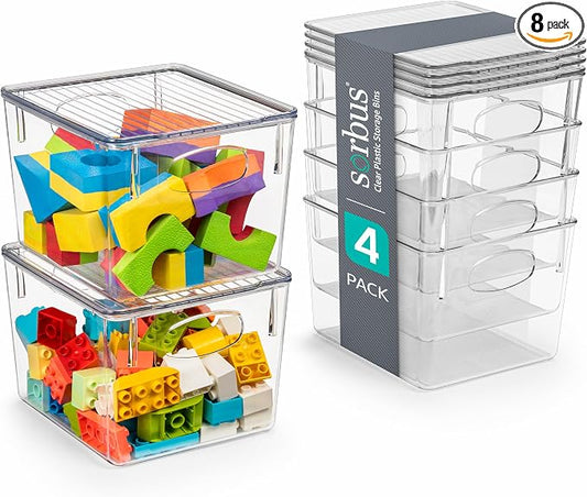 Sorbus Medium Plastic Storage Bins with Lids, Stackable Toy, Clothes, Medicine, Makeup, Closet, Art Supply, Bathroom, Shoe, Toy Organizer (4 Pack)