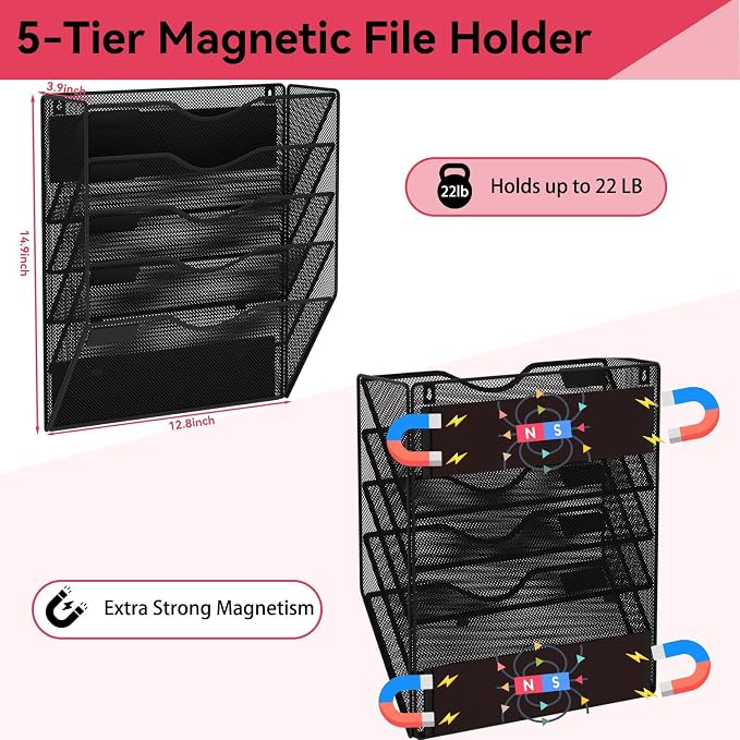 5-Tier Magnetic File Holder, No Drilling Wall File Organizer, File Folder Bins, Mail & Magazine Rack, Magnetic Paper Document Holder for Refrigerator File Cabinets Whiteboard, Black