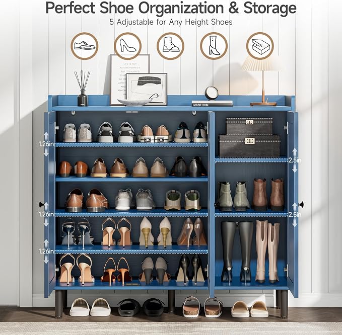ONBRILL Shoe Cabinet with 3 Doors and Adjustable Shelves, 30 Pairs Shoe Storage Cabinet, 40 Inch Tall Farmhouse Shoe Rack Shoe Organizer Cabinet for Entryway Living Room Closet, Blue