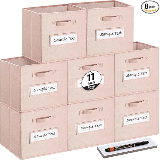 Fabric storage cubes (Set of 8) 11 Inch Cube Storage Bin, Cube storage with 8 Labels Window Cards & a Pen, Foldable cube organizer bins,11x11 Storage bin, Cubby Organizer Boxes, Pink