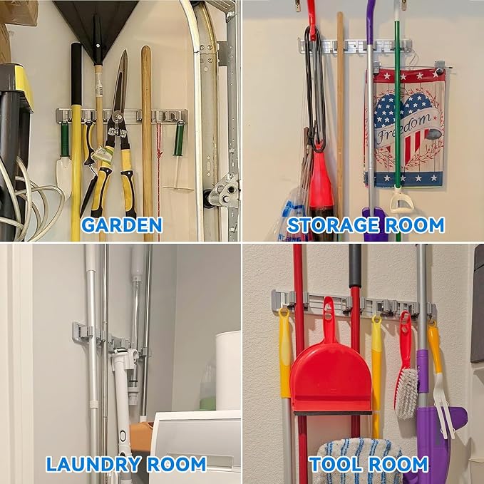 reliahom Broom Holder Wall Mount Mop Hanger Tools organizer 4Racks 5Hooks | Adjustable Stick or Screw Mop Broom Wall Hanging Tool Storage Rack Space-saving for Garage,Kitchen,Laundry Room,Garden,Silver