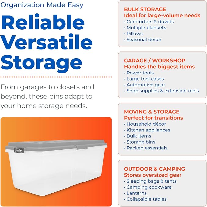 Hefty 113 Qt Hi-Rise Storage Bin with Lid, Stackable Plastic Storage Container, Organizer for Home, Garage & Closet, 4 Pack, Gray