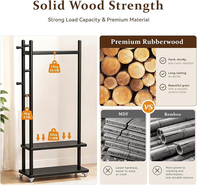 Taitiy Coat Rack Solid Wood Stand Storage 2 Shelves 4 Hooks Black | Entryway hallway bedroom living room, durable wood construction, freestanding design, coats hats bags garments