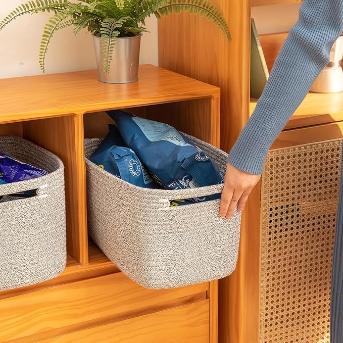 OIAHOMY 4 Pack Storage Baskets for Organizing, Cube Storage Bins for Shelves, Rectangle Storage Baskets With Handles, Woven Baskets for Storage, 16''Lx12''Wx8''H, Grey