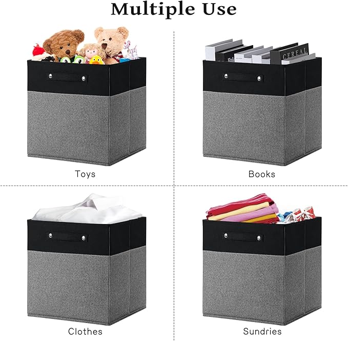 FinishingBo 13x13x13 Storage Cube Bins 4 Pack, Cube Shelf Baskets | Foldable Storage Cubes, Linen Storage Bins with Handles, Closet Organizers, Black/Gray