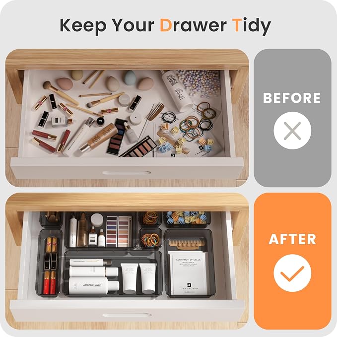 【Military Grade】A-LuGei Drawer Organizer,【𝟱𝗦𝗶𝘇𝗲】Makeup organizer,【Holds 177 Items】Bathroom Organizers and Storage,Organization and Storage,Desk Drawer Organizer for Vanity【Clear Black】