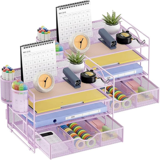 Marbrasse Desk Organizer, 4-Tier Paper File Letter Tray, Purple-2P | Sturdy Paper Tray, File Holder, Built-in Drawer, 2 Pen Slots, fits Letters/Files, for School Home Office Supplies