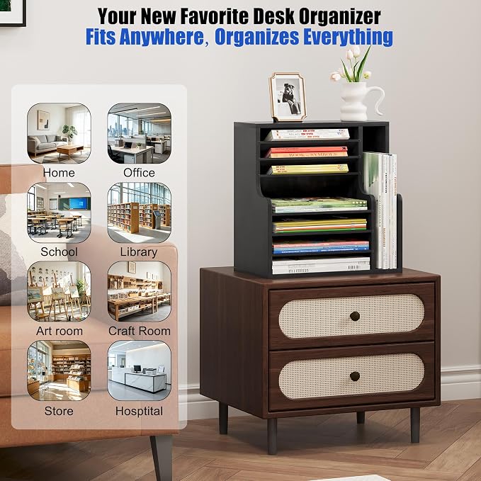 Wood Desktop File Holder Organizer Mail Sorter for File Folders, Mails, Envelopes or Magazines, 8 Compartments (Black)