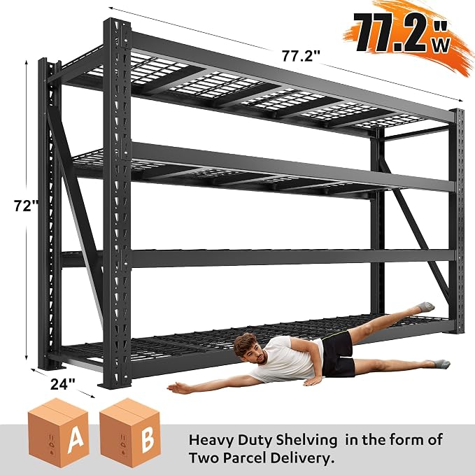 Bepatio 8000LBS Heavy Duty Garage Shelving,77" W Shelves for Industrial | 4-Tier Adjustable Metal Shelving Unit,Rust Proof Large Tall Rack,for BasementsWarehouse Shop Commercial,77"W x 24" D x 72" H