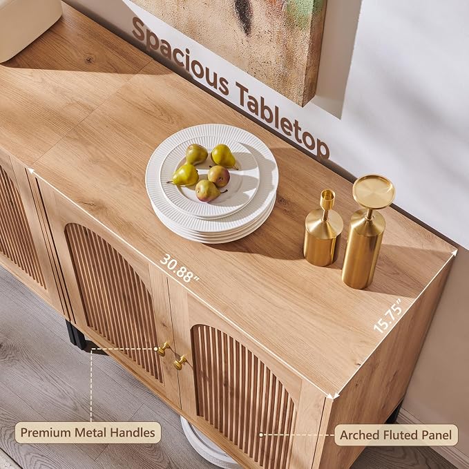 IFGET 34" Tall Modern Arched Sideboard Buffet Cabinet with Storage, Natural | Fluted Arch Sideboard Cabinet w/Adjustable Shelves, Wooden Modular Kitchen Cabinet for Dining& Living Room, Entryway