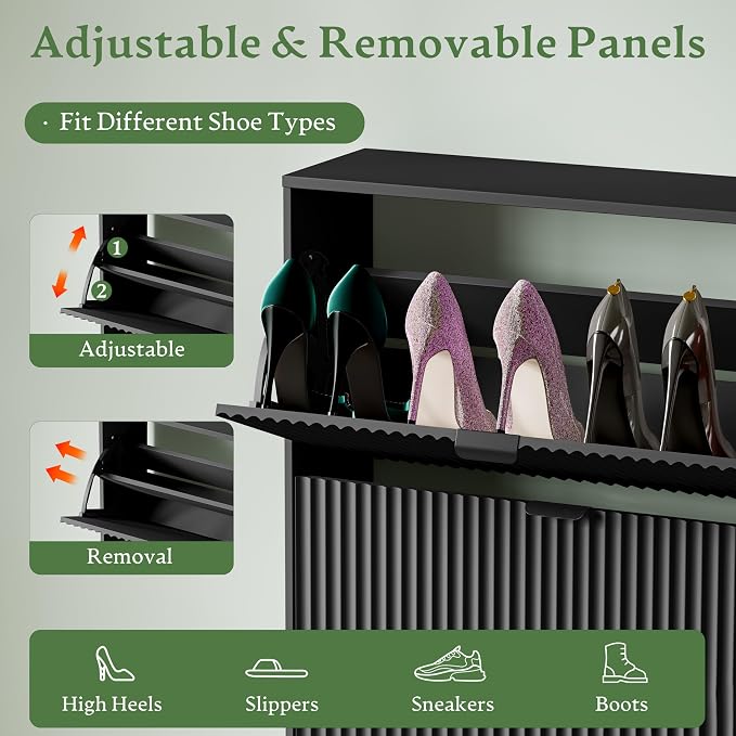 Xixini Shoe Storage Cabinet for Entryway with 3 Flip Drawers & Bench, Slim Wood Shoe Organizer with Modern Fluted Panel, Freestanding Narrow Shoe Rack for Front Door Entrance, Hallway, Foyer, Black