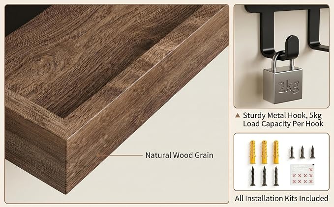 Wall Mount Key Holder with Shelf - Decorative Mail Organizer and Key Hooks for Entryway, Paulownia Wood with Mounting Hardware (9.64”W x 2.36”H x 2.75”L)