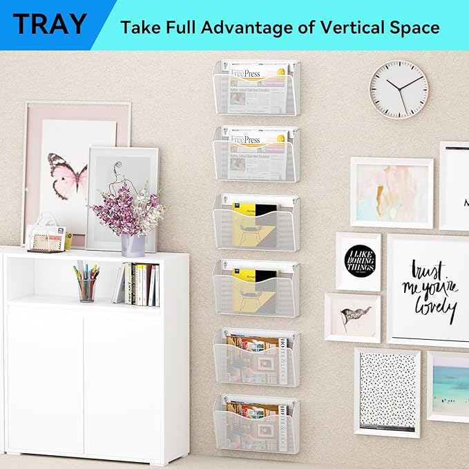 Single Pocket Wall File Holder, Mesh Hanging File Folder Paper Organizer, Vertical Wall Mounted Mail Basket, Storage Organization Magazine Rack for Office, Home and School, White