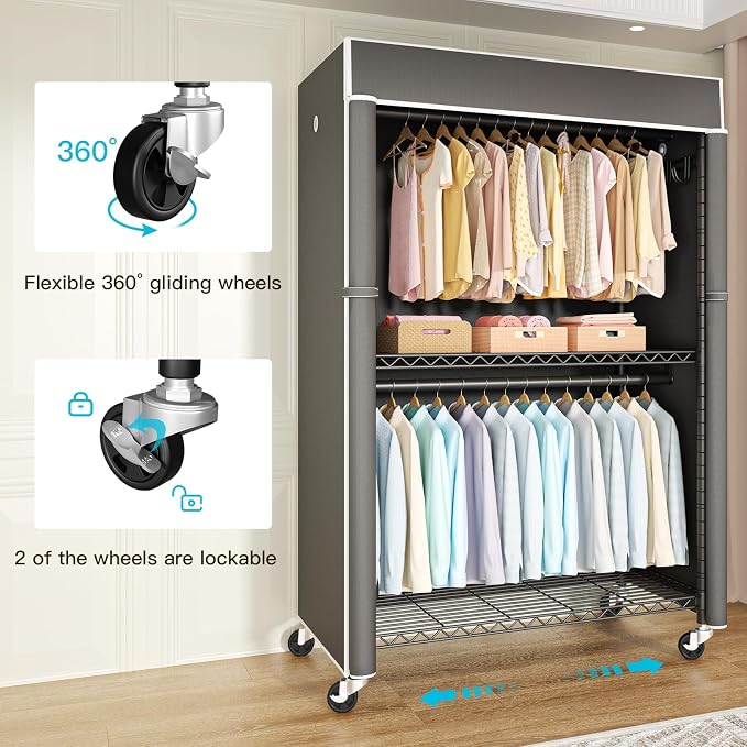 Black Clothing Rack with Dark Gray Cover, P1C Plus Rolling Closet | Metal Garment Rack with Wheels for Hanging Clothes, Portable Clothing Storage Wardrobe