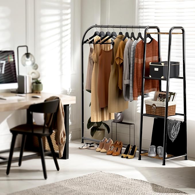 Simple Houseware Heavy Duty Clothing Garment Rack with 4 Shelves, Black | Portable Closet Organizer for Hanging Clothes