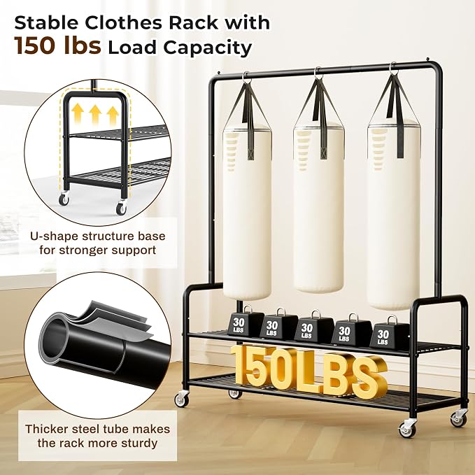 MISSLO Heavy Duty Clothes Rack with Shelves 46.5" Large Rolling Clothing Racks for Hanging Clothes, Garment, Coat, Black