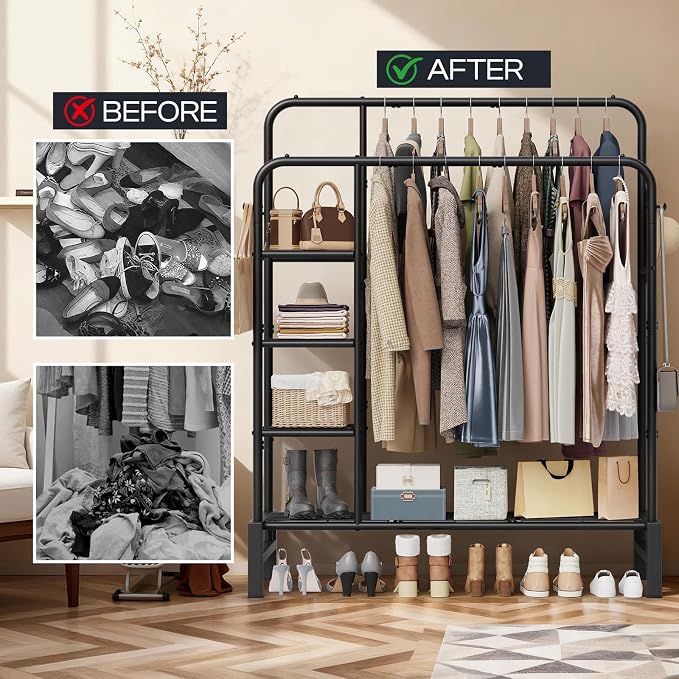 Clothes Rack for Hanging Clothes, Clothing Rack with shelves, Black | Double Clothing Rack with 3 Tier Storage Shelves, Multifunctional Heavy Duty Garment Rack for Bedroom Laundry Wardrobe Closet