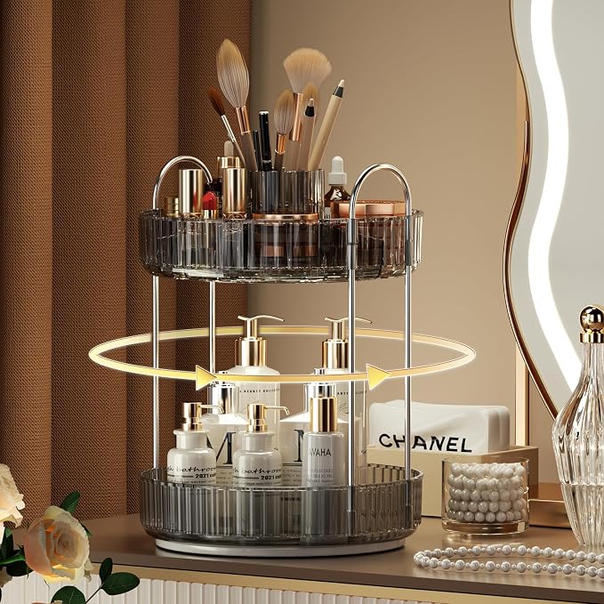 YCIA&DONE Rotating Makeup Organizer for Vanity, Large Capacity Make Up Storage Skin care Shelf Perfume Holders Cosmetic Dresser Organizer Countertop Spinning 360 (Smoky Gray, 2Tiers)