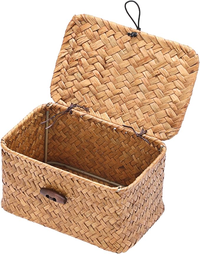 Small Decorative Box Natural Seagrass Box with Lid, 6.1"x 4"x 3.3" | Wicker Basket for Organizing Keys,Wicker Shelf Baskets for Bathroom & Living Room