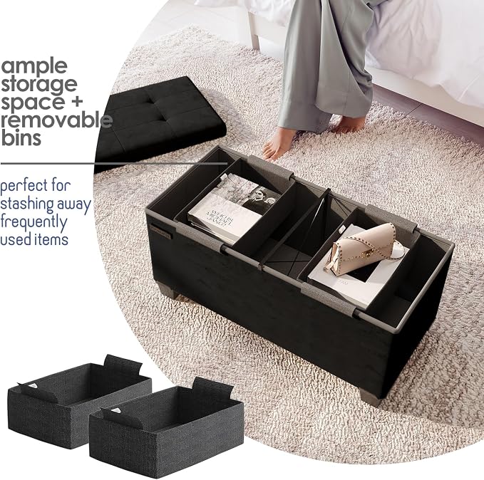 Storage Ottoman Bench with Bins, 30-in Storage Bench for Bedroom End of Bed, Folding Foot Rest Ottoman for Living Room Max 660lbs, Velvet Ottomans, Black