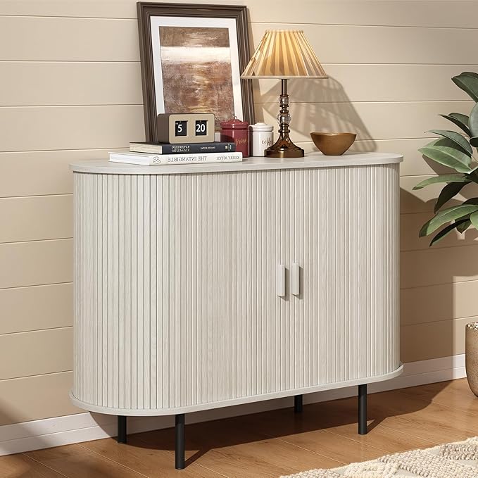 40" Sideboard Buffet Cabinet with Storage, Storage Cabinet with Sliding Door & Adjustable Shelf, Modern Accent Coffee Bar Console Table for Kitchen, Entryway, Natural White